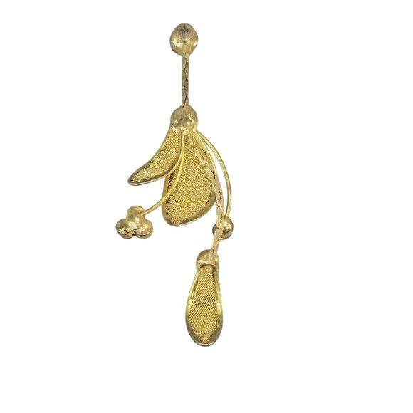 Gold Tone Mesh Long Dangly Floral Earrings Orange Rhinestone Well Made - Picture 3 of 3